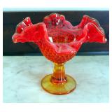 Marigold Hobnail Footed Candy Dish, And Ruby Red Creamer And Sugar Dishes