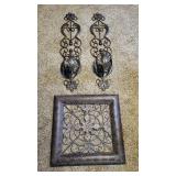 Metal Wall Sconces, Qty 2, 36" x 8", And Framed Metal Decor, 22" x 22"