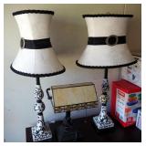 Pottery 29" Pedestal Table Lamps With Cloth Corset Shades, Qty 2, And Bankers Lamp With Faux Slag Sh
