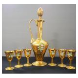 Gold Tone Hand Painted Glass Decanter With 6 Matching Goblets