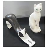 Czech Royal Dux Hand Painted Ceramic Cat, 12.5" Long, And Brazilian Ceramic Cat, 8" High