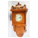 Vintage Carved Wood Pendulum Wall Clock With Key, 36" High