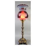 Brass Table Lamp With Urn Style Shade With Hand Painted Floral Images, Frosted Hurricane Shade, 33" 