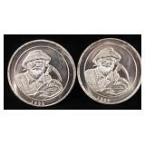 1986 Prospector (California Coin Association) Silver Coins, Qty 2, Each 1 oz .999 Fine Silver
