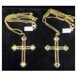 Gold Toned Greek Orthodox Style Crosses With Gems, Qty 2, 1 With Amethyst Gems And 1 With Mixed Gems