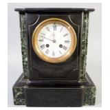 Slate & Marble Mantle Clock With Bevel Glass And Key, 11" High