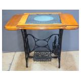 New Royal Antique Treadle Sewing Table Converted Into Table With Frosted Glass Insert, 31" High x 34