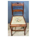 Vintage Ladderback Chair With Needlepoint Seat And Carved Wood Back, 33.5" High
