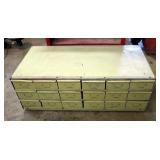 Metal 18 Drawer Hardware Cabinet, 11" x 33.5" x 18", And Steel Shop Table, 29.5" x 30" x 21"
