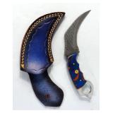 Damascus Steel 4" Hook Knife With Resin Handle And End Hook, With Custom Tooled Leather Sheath