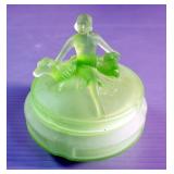 L. E. Smith Green Satin Uranium Glass Powder/ Trinket Box, Features Lady With Dogs On Lid