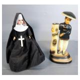 Asian Figure #156 9.5" Bud Vase, And Sleepy Eye Nun 9" Music Box, Marked Japan