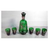 Emerald Green 8.5" Glass Decanter With Stopper, And 5 Shot Glasses