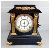 Antique Ansonia Clock Co. Cast Iron Footed Mantle Clock, 12" x 11" x 6.5", With Lion Heads On Sides,