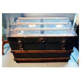 Antique Flat Top Steamer Trunk / Chest, With Hinged Top And Metal Accents, 21" x 32" x 18", Missing 