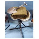 Hand Crafted Tractor Seat Stool, 22.5" Tall, With WW2 Military Trench Tool And Wool Blanket