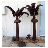 Handcrafted Metal Yard Art Palm Trees, Qty 2, 59" Tall And Flower Bird Feeder, 53" Tall