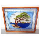 Stained Glass Style Panel With Bonsai Tree Image, Beveled Outer Sections, 32" Wide x 25.5" High