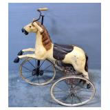 Antique Wood Horse Tricycle, Leather Saddle, Cast Iron Frame, 33" High