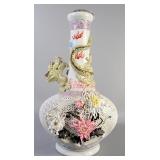 Oriental Porcelain Vase With Dragon, Flower, And Lace Design, 17.5" High