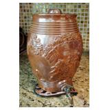 English Stoneware Spirit Barrel With Brass Spigot, And Lion Head Head Accents, 11" Tall, Trivet Incl