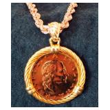 Gold Vermeil (Gold Plated Silver) Italian Lire Set In Matching Coin Bezel With Bronze 18" Chain And 