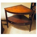 Brandt Formal Single Drawer 3 Legged Corner Table On Brass Casters 28.5" x 33" x 24"