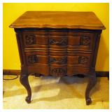 Vintage 2 Drawer Accent Table With Carved Drawer Fronts And Cabriole Legs, 24" x 20.5" x 14.5