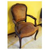 Antique Carved Wood Parlor Chair With Suede Seat And Back, 37" x 22" x 19"