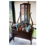 Antique Tiger Oak 3 Drawer Dresser With Harp Style Tilt Mirror, 72" x 40" x 21"