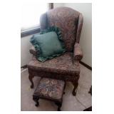 Tandy Brands Upholstered Arm Chair With Cabriole Legs, 42" x 31" x 32", And Matching Footstool 12" x