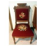 Antique Carved Wood Victorian Chair With Floral Needlepoint Upholstery, 36" x 19.5" x 23", Has Caste