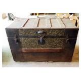 Antique Wood Storage Trunk With Inner Tray, 18.5" x 30" x 17"