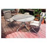 Round Metal Framed Patio Table With Glass Top, Metal Spring Chairs With Cushions, Qty 2, And Umbrell