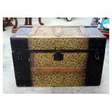 Antique Wood Travel Trunk Wrapped In Embossed Tin Includes Inner Tray, 18" x 30" x 15.5"