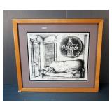 Framed Matted Under Glass Coca Cola Pencil Sketched Style Art, 16.5" x 19"