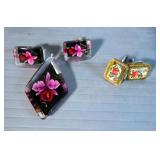 Hand Painted Abalone, Tile Fabric Chocker, Ceramic Acrylic Screw Back Earrings, Faux Pearl Tie Rope,