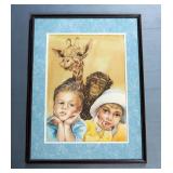 A Berhle Framed Matted Under Glass Children With Zoo Animals Print 25" x 19" , And Kimberly Polosin 