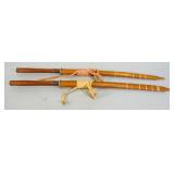 Oriental Style Swords With Chrysanthemums On Hilt, Qty 2, 19.5" And 20" Blades, Both In Wood Scabbar