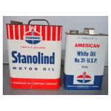 Stanolind Motor Oil, Standard Oil Co, In 2 Gallon Can, And American White Oil No.31- USP, In 1 Gallo