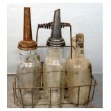 Standard Oil Company Glass Oil Bottles With Lids, Dairy Bottles, And More, In Wire Carrier