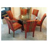 Wood Dining Table With Hexagonal Glass Top, 52", And Upholstered Chairs, Qty 6