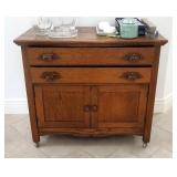 Vintage Hand Carved Oak Two Drawer Cabinet With Dovetail Construction On Casters, 29.5" x 33.5" x 17