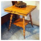 Antique Carved Oak Side Table With Glass Ball And Claw Feet, 27.5" x 24" x 24"
