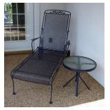 Wrought Iron Rolling Patio Chaise Lounger And Round Side Table With Glass Top, 19" x 20" Diameter