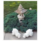 Concrete Pagoda 33" Lawn Statue, And Cast Resin Bunny Lawn Decor, Qty 2