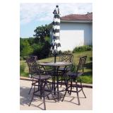 Metal Bar Height Patio Table With Tile And Glass Top, 39" x 40" Diameter, Includes Swivel Chairs, Qt