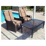 Poly Wicker And Metal Patio Arm Chairs, Qty 2, And Glass Top Patio Table, 17" x 48" x 28"