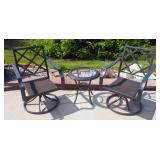Metal Frame Swivel Patio Chairs With Mesh Seats, Qty 2, And Poly Wicker Side Table With Glass Top, 2