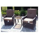 Poly Wicker And Metal Patio Arms Chairs, Qty 2, And Glass Top Metal Side Table, 18" x 20" x 20"